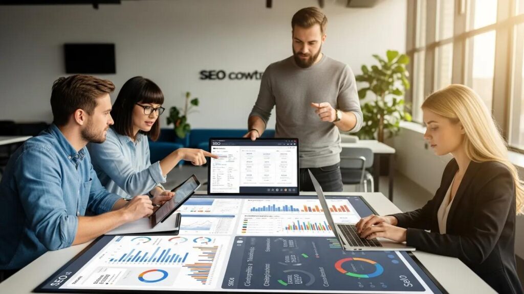 Diverse professionals collaborating on SEO strategy in a modern office