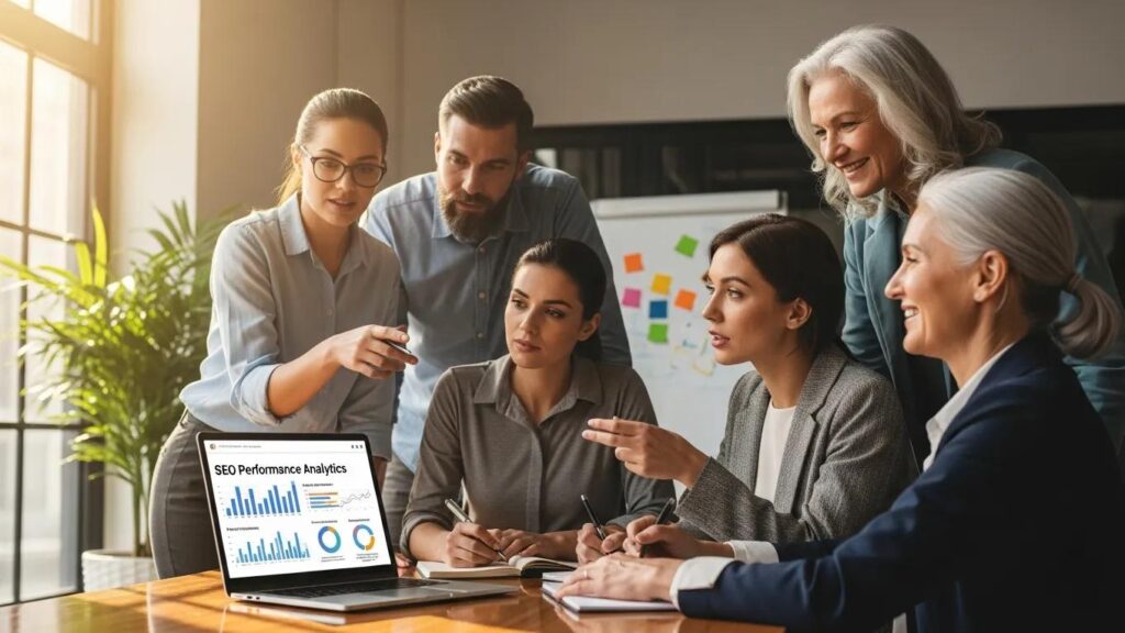 Diverse small business owners collaborating on SEO strategies around a laptop in a modern office