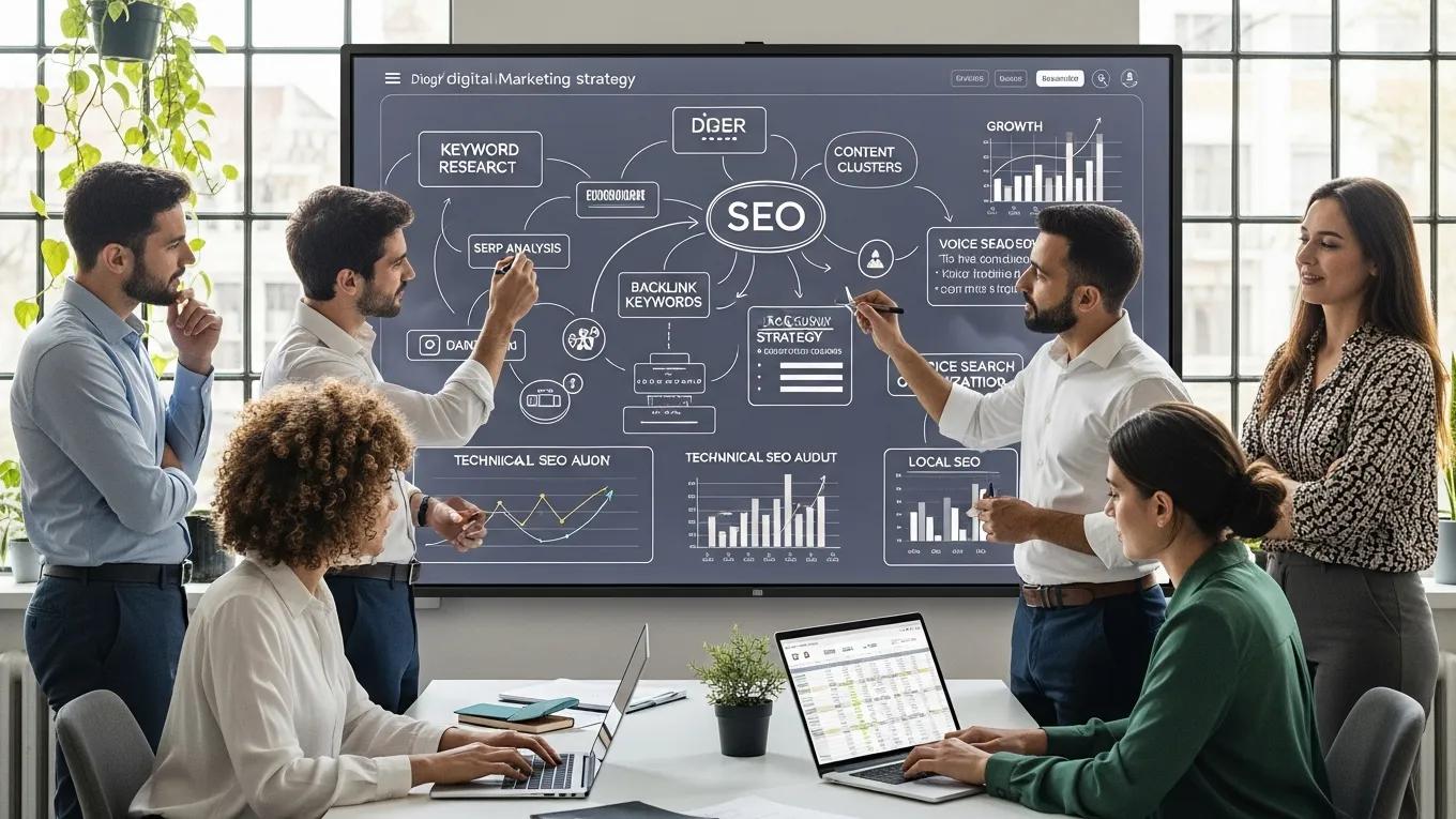 Diverse team collaborating on digital marketing strategy with SEO concepts on a whiteboard