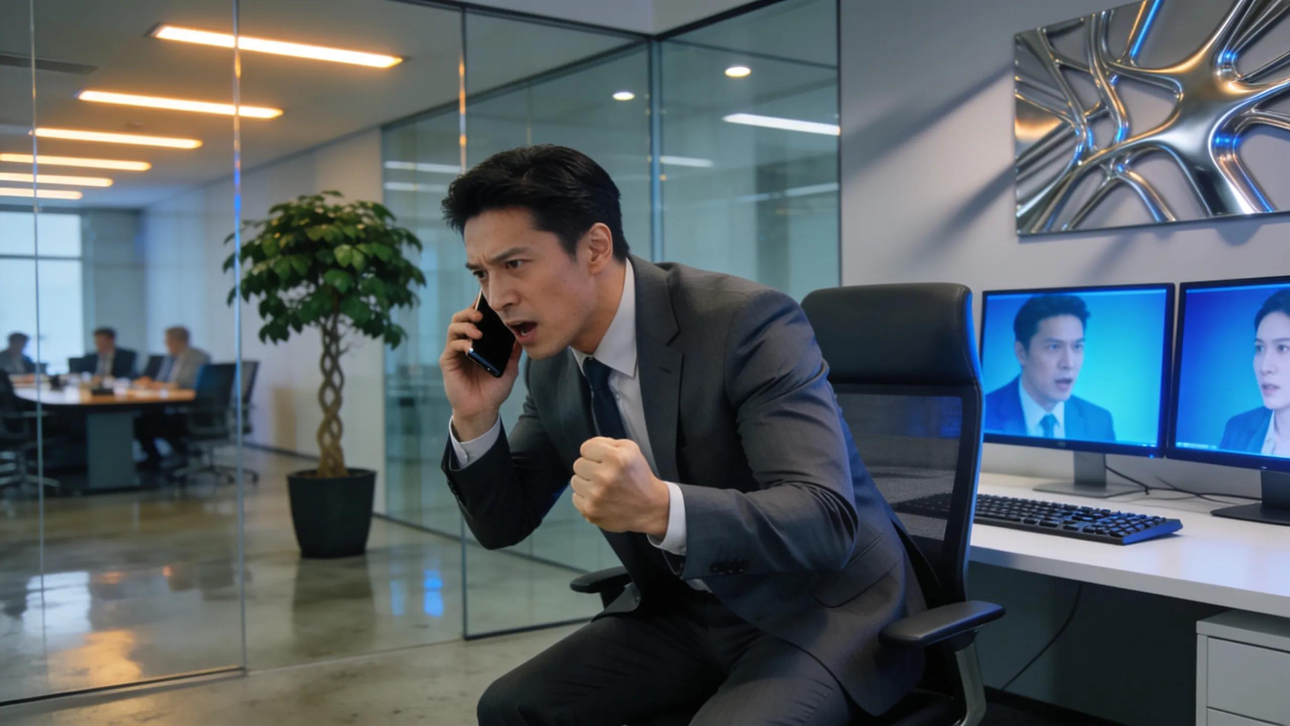 Business professional engaging in lead generation on a phone in a modern office setting