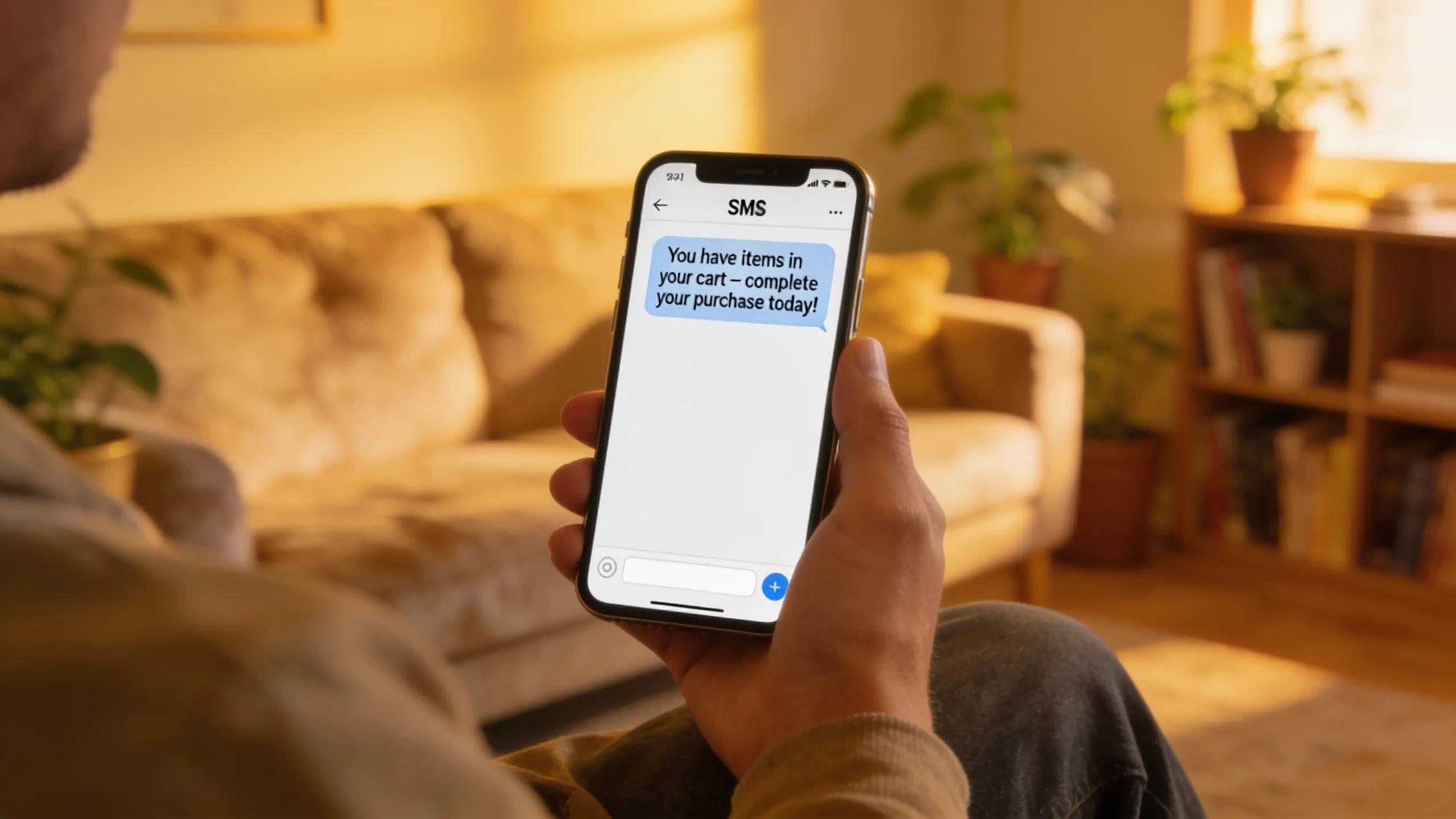 Smartphone displaying SMS reminder for abandoned shopping cart in a cozy setting