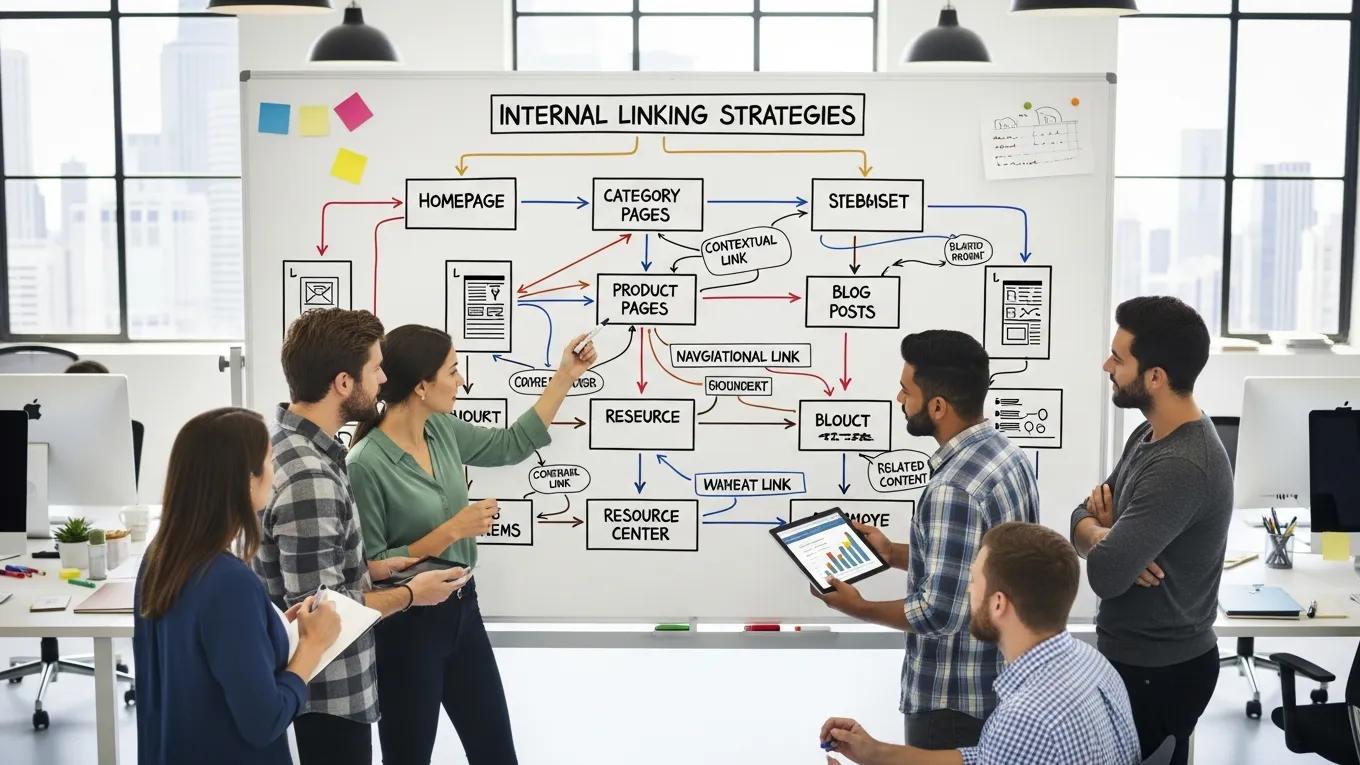 Flowchart on a whiteboard illustrating internal linking strategies in a collaborative office environment