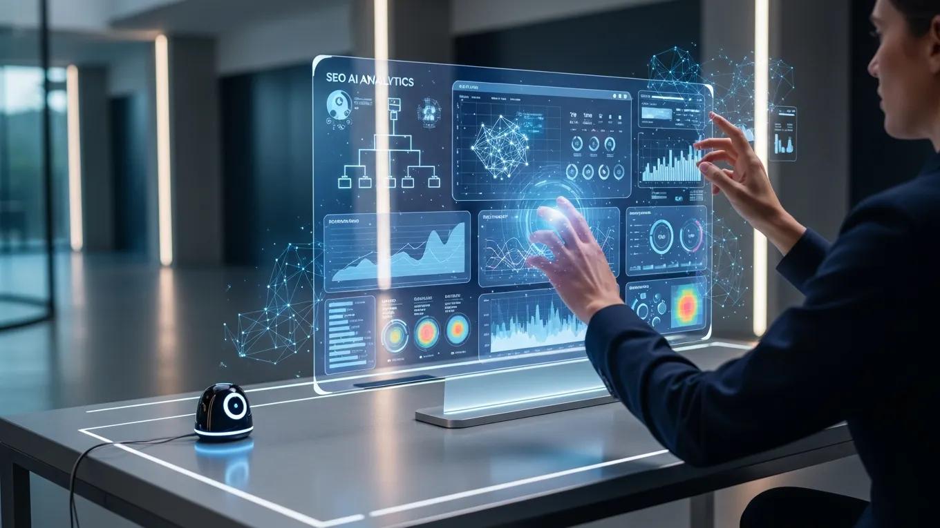 Futuristic AI interface analyzing SEO data in a modern workspace