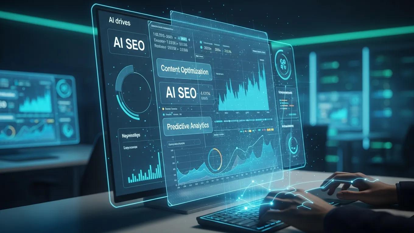 Futuristic AI interface displaying SEO keyword trends and analytics