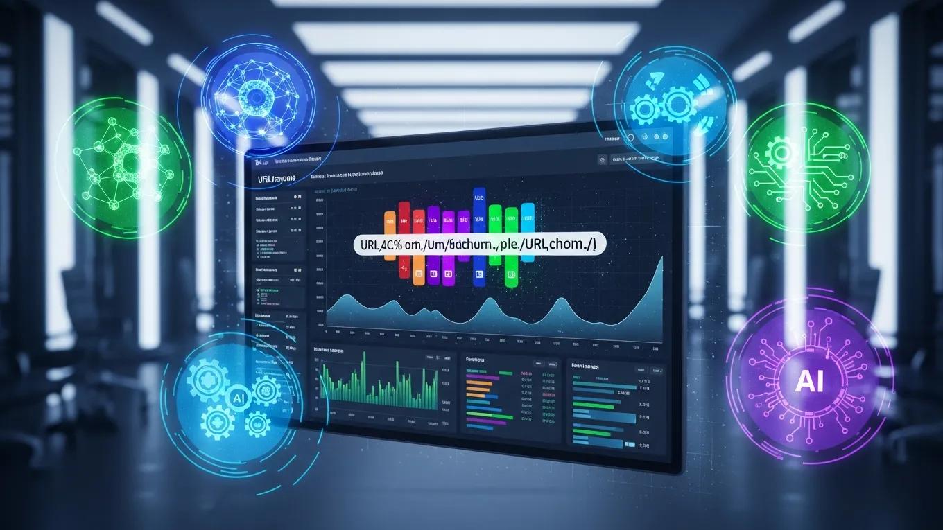 Futuristic computer interface showcasing AI-driven tools for optimizing SEO-friendly URL structures