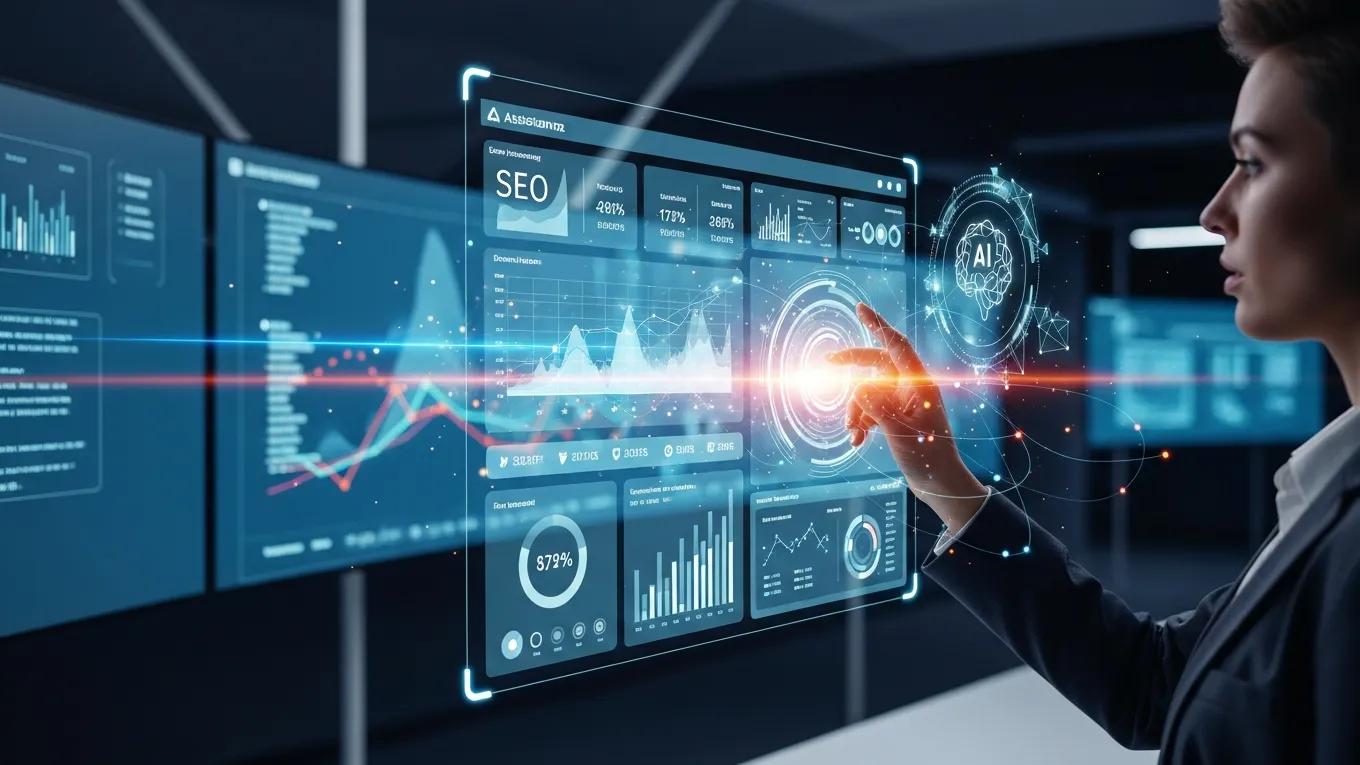 Futuristic depiction of AI-driven marketing systems enhancing SEO outcomes with digital analytics