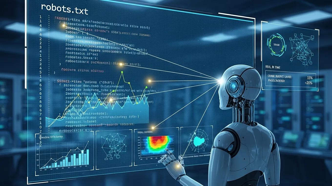 Futuristic interface showing AI-driven optimization of robots.txt file for enhanced SEO performance