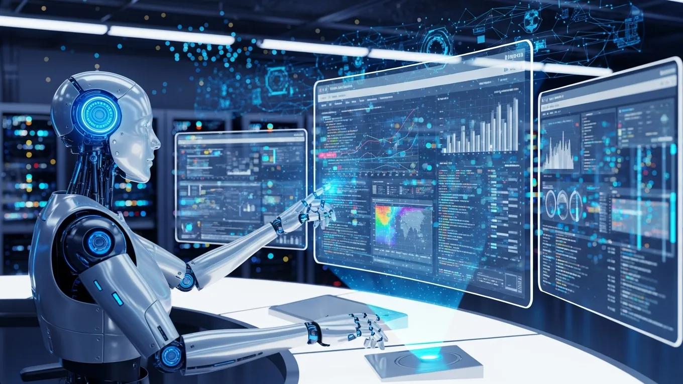 Futuristic robot analyzing website data for crawl error solutions