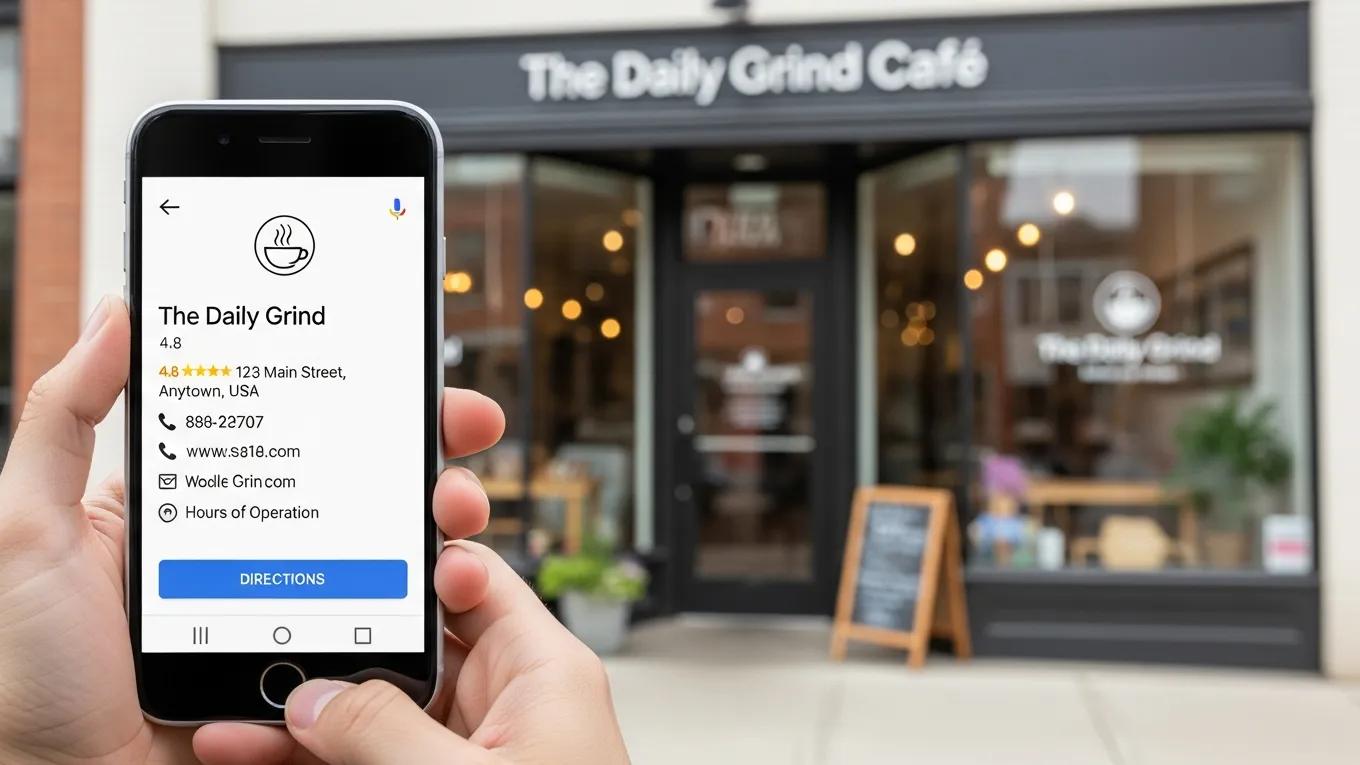 Google Business Profile displayed on a smartphone in front of a small business storefront