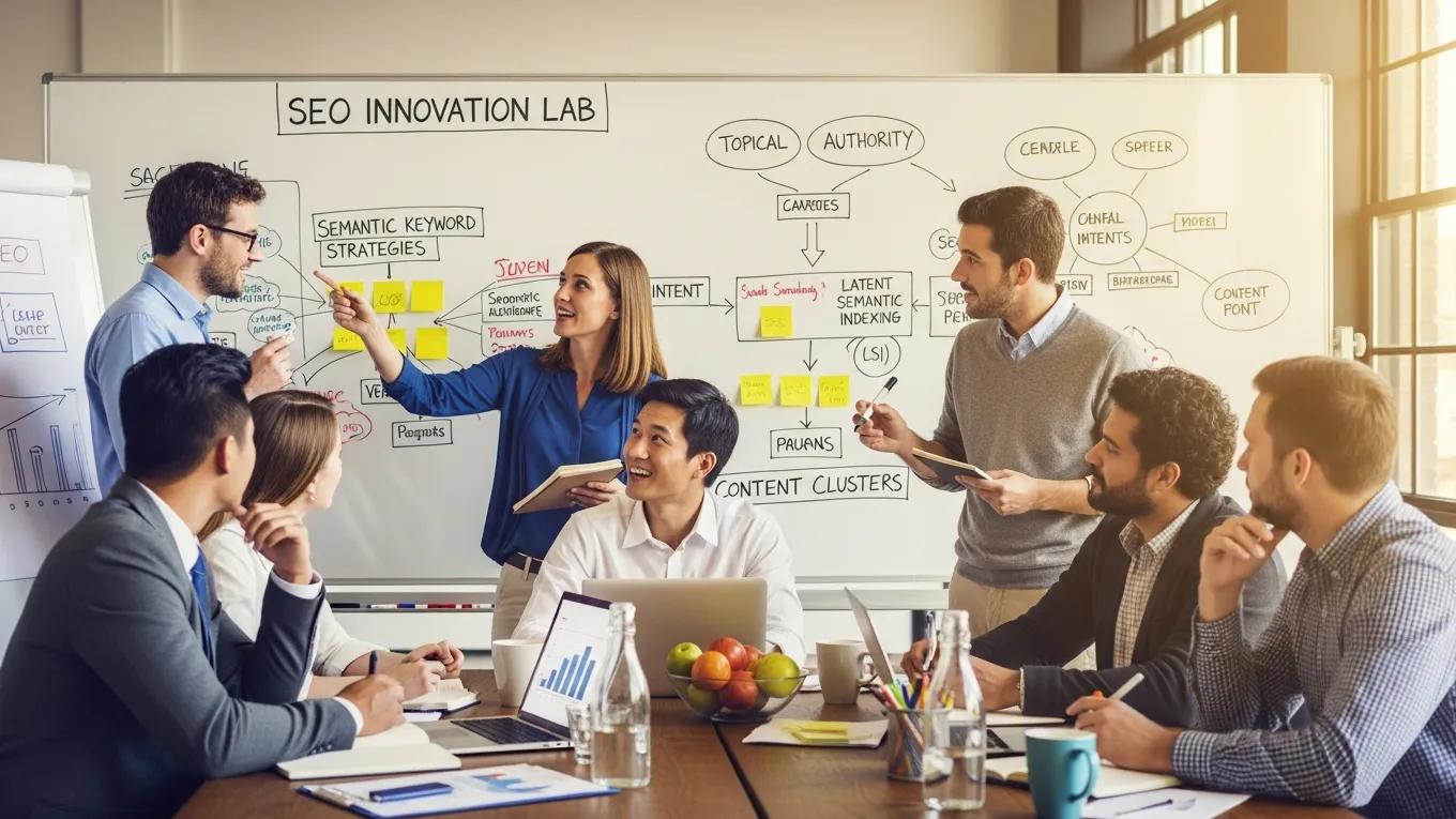 Group brainstorming session on semantic keyword strategies for enhanced SEO