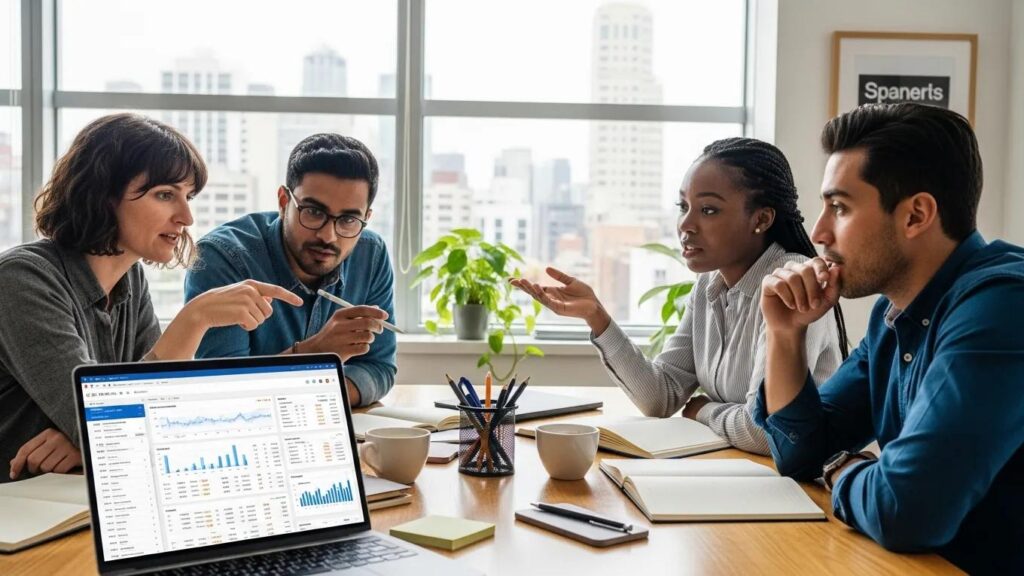 Group of professionals collaborating on SEO strategies around a laptop in a modern office