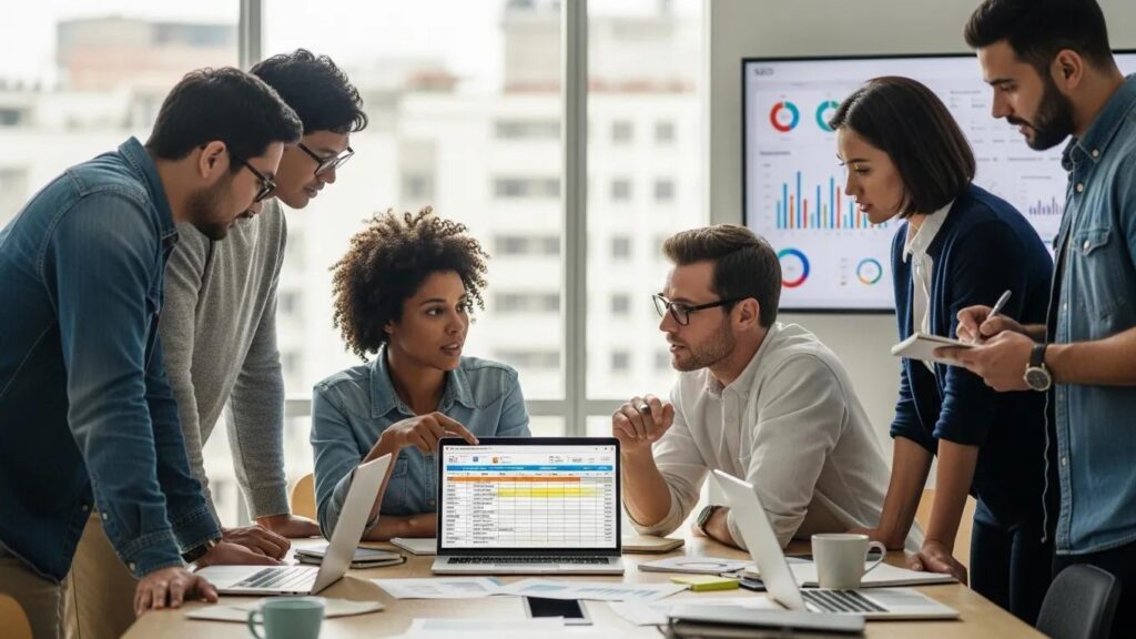 Group of professionals collaborating on SEO strategies in a modern office