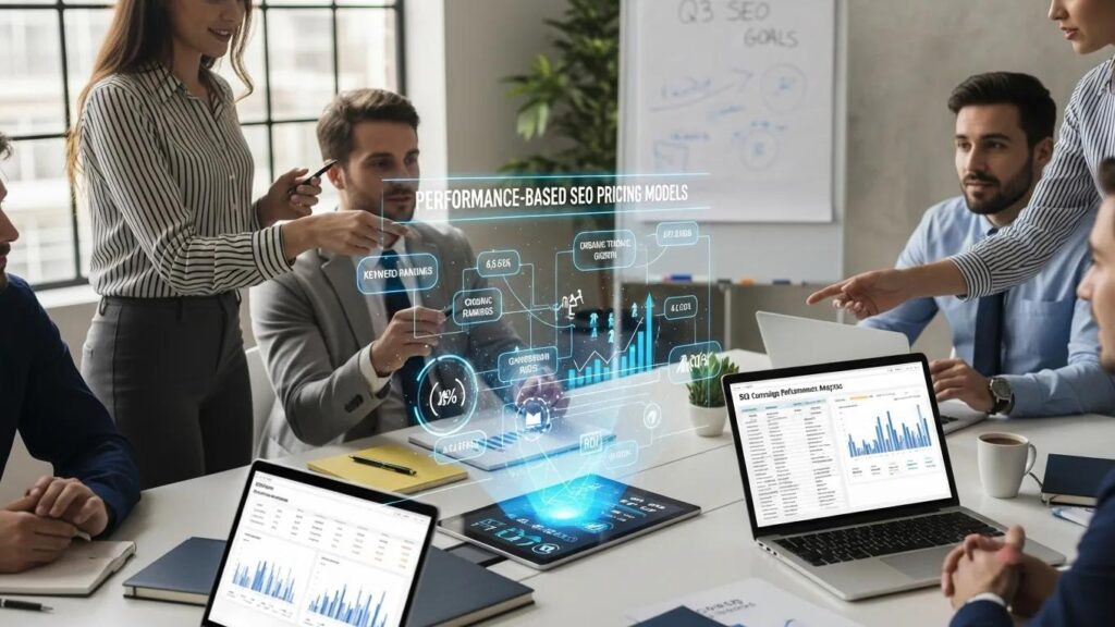 Group of professionals discussing performance-based SEO strategies in a modern office