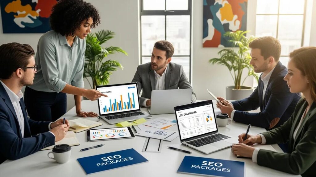 Group of professionals discussing SEO strategies in a modern office