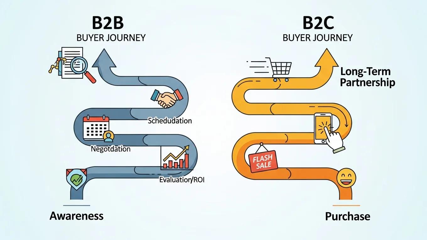 Illustration of B2B and B2C buyer journeys showcasing distinct paths