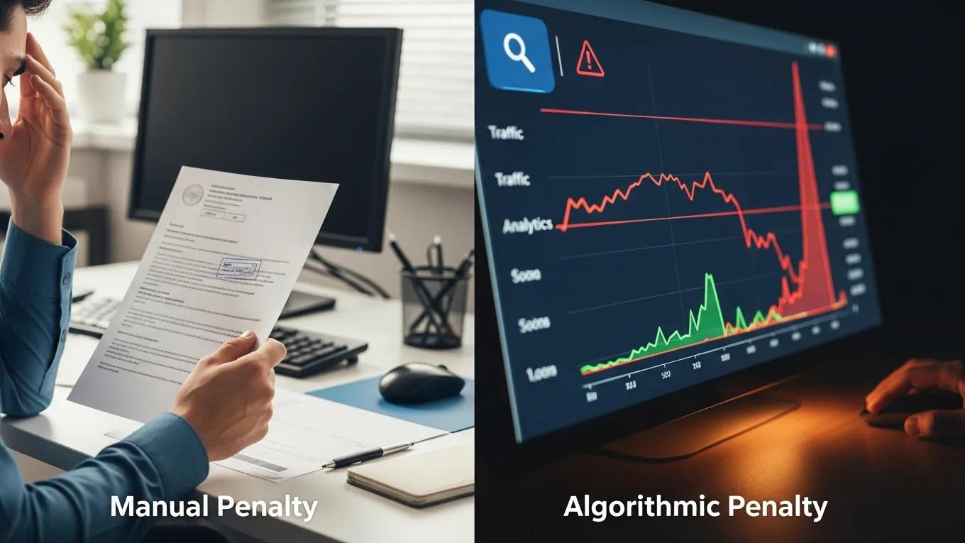 Illustration of manual and algorithmic SEO penalties with notifications and traffic graphs