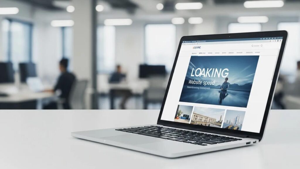 Laptop displaying a fast-loading website in a modern office setting, highlighting website speed importance