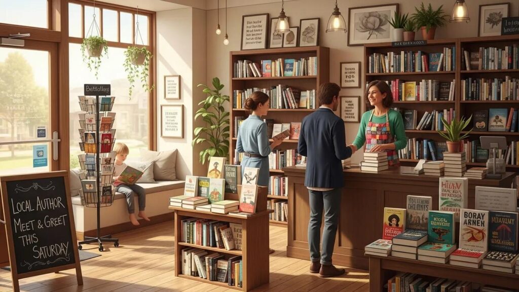 Local business owner engaging with customers in a welcoming storefront, emphasizing community connection