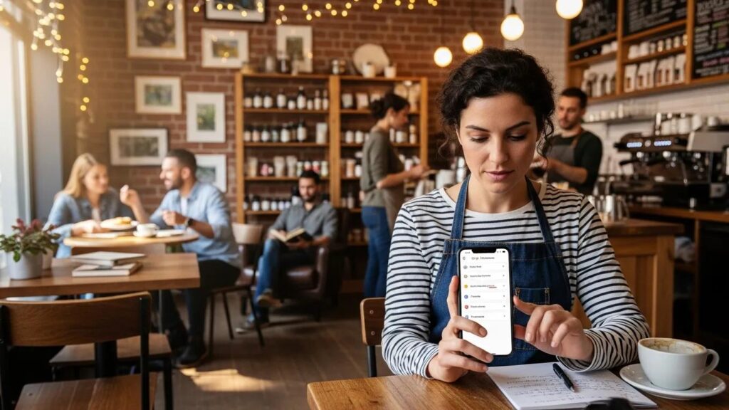Local business owner optimizing mobile local SEO in a cozy café setting