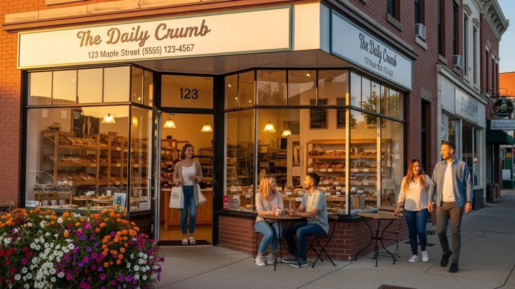 Local business storefront highlighting name, address, and phone number for SEO relevance