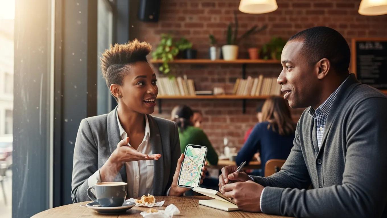 Local influencer collaborating with a business owner on backlink strategies