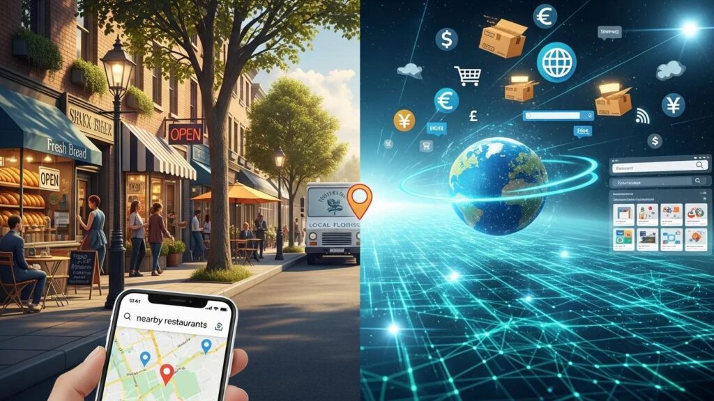 Local SEO and traditional SEO concepts illustrated with a local street scene and a digital e-commerce landscape