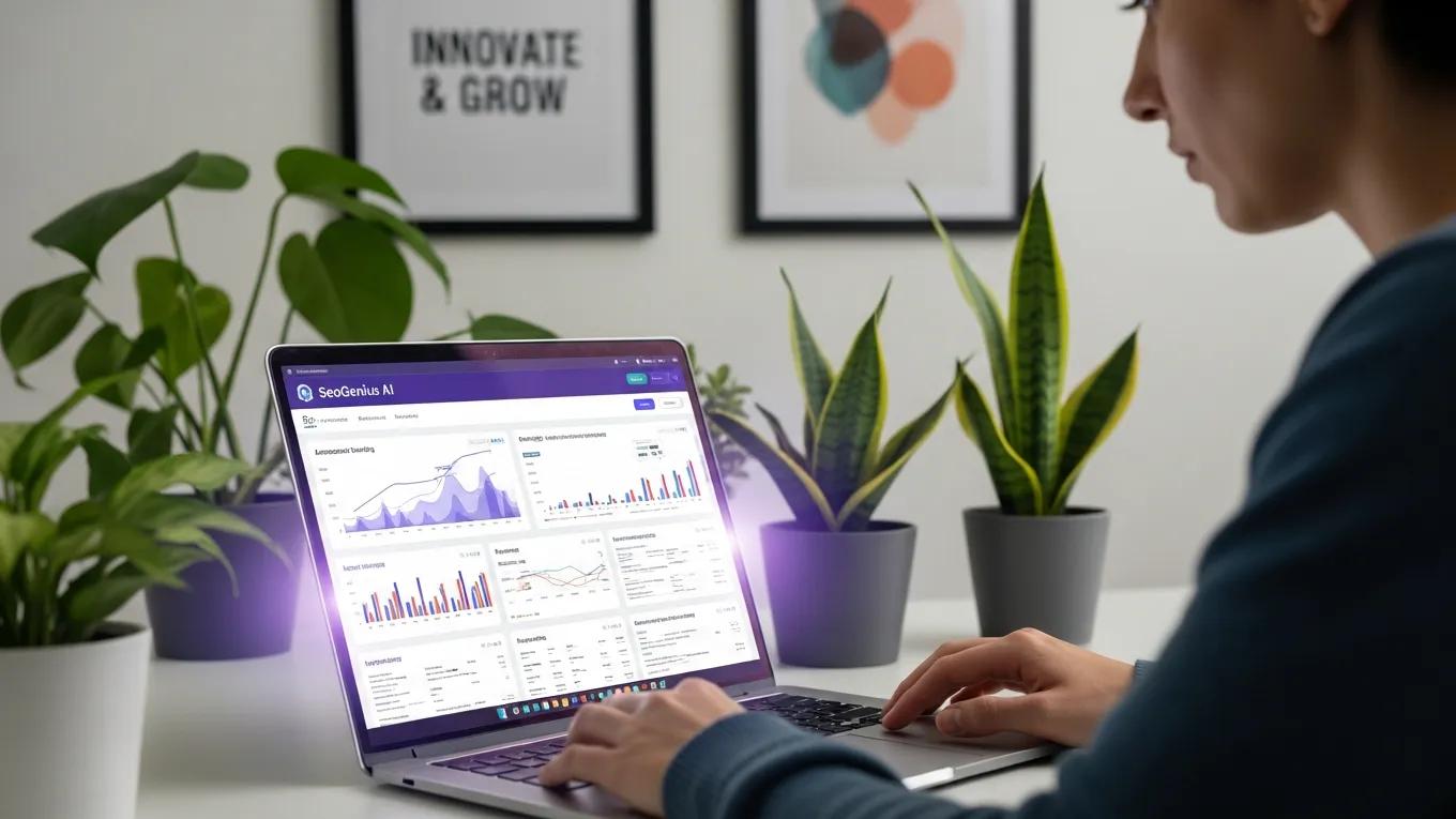 Marketer using an AI-driven SEO tool on a laptop in a cozy workspace