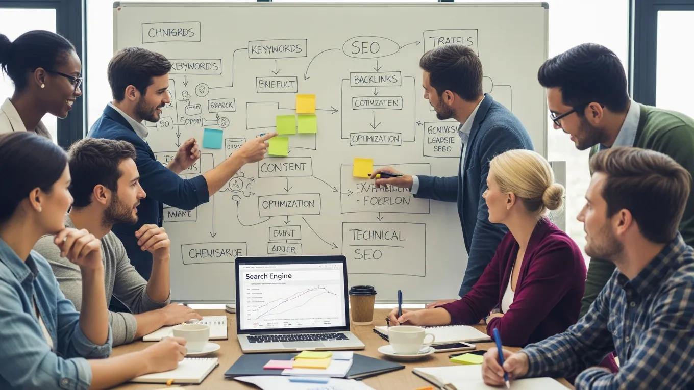Marketing team brainstorming SEO strategies with sticky notes and a whiteboard