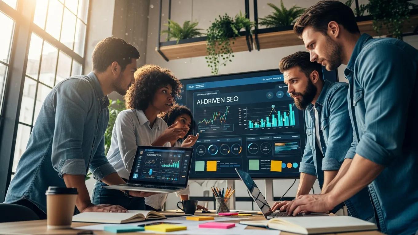 Marketing team collaborating on AI-driven SEO strategies in a modern office