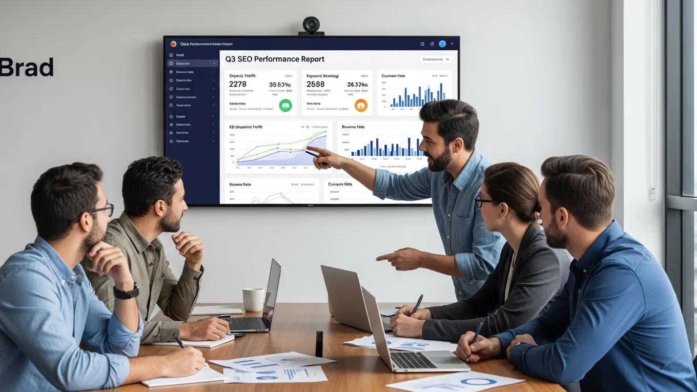Marketing team discussing SEO performance metrics in a conference room