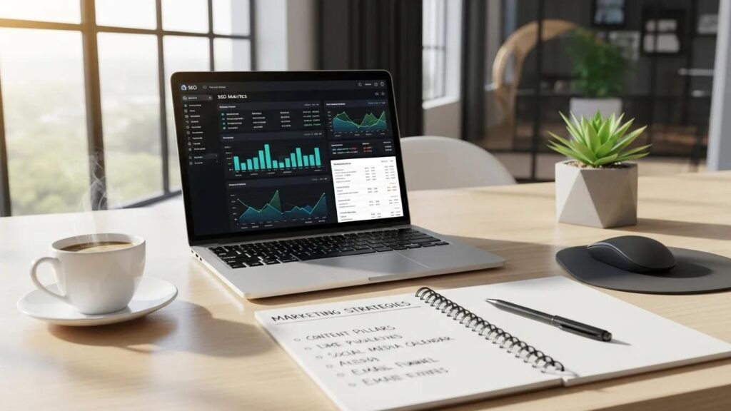 Modern digital marketing workspace with SEO analytics on a laptop and marketing strategies on a notepad