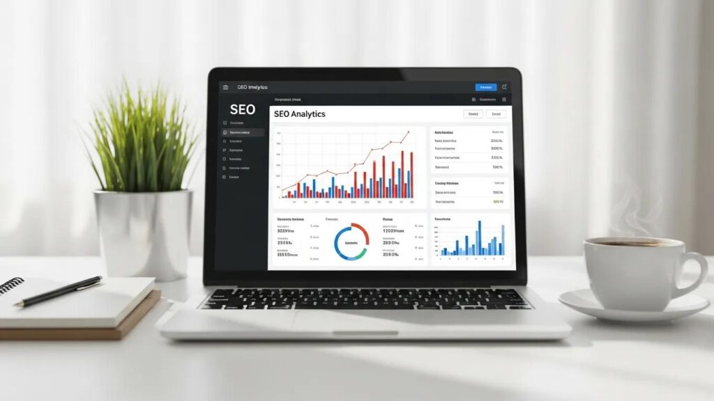 Modern digital workspace with SEO analytics software on a laptop screen