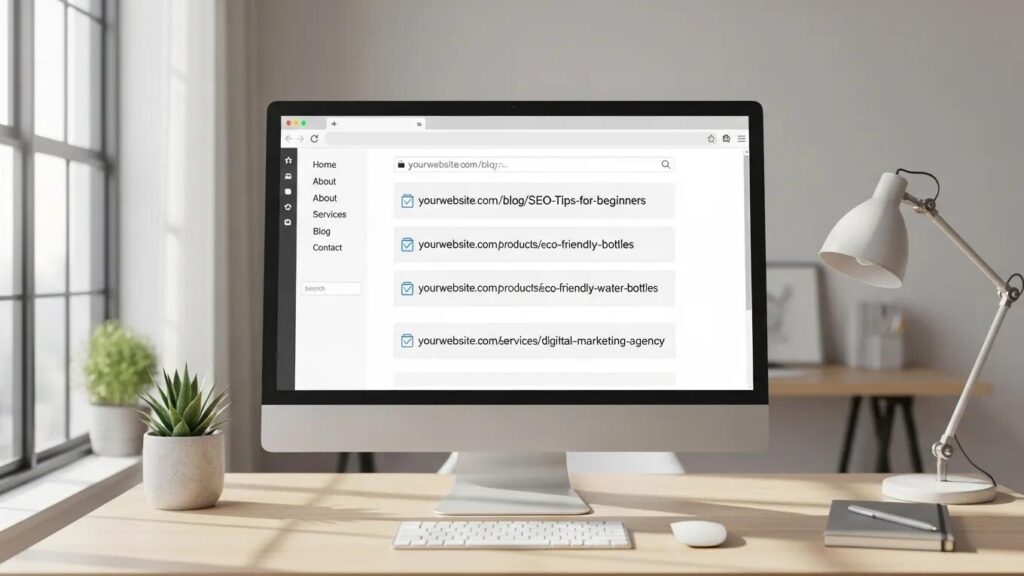 Modern website interface highlighting SEO-friendly URL structures with a clean layout