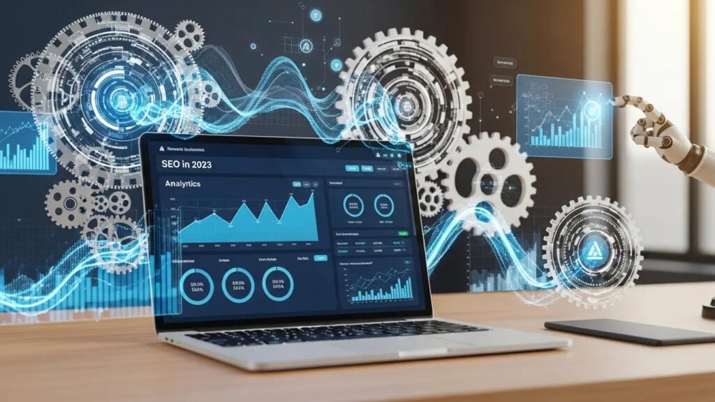 Modern workspace with a laptop showing SEO analytics and AI elements, symbolizing SEO trends in 2023