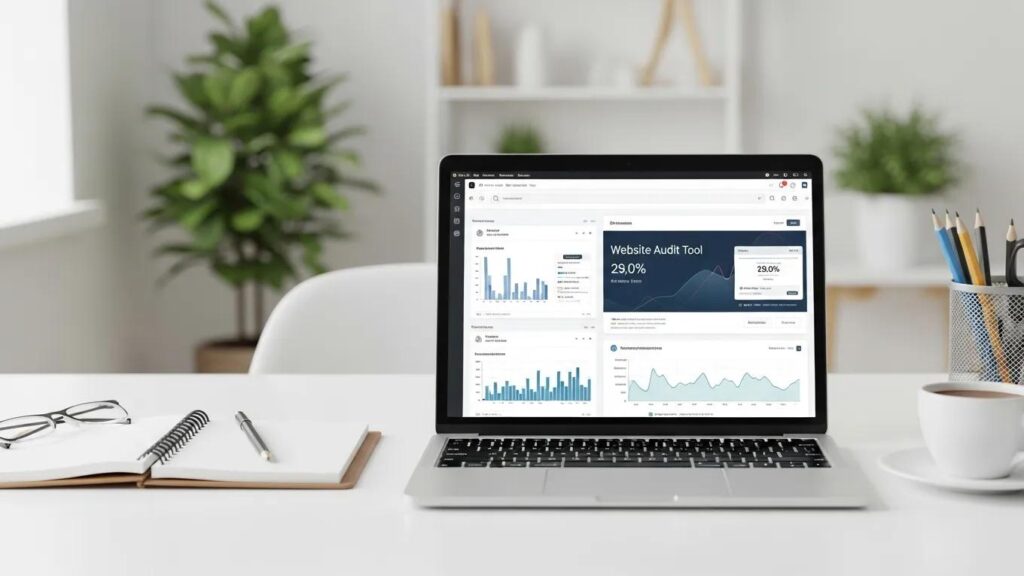 Modern workspace with a laptop showing website audit tools and performance metrics