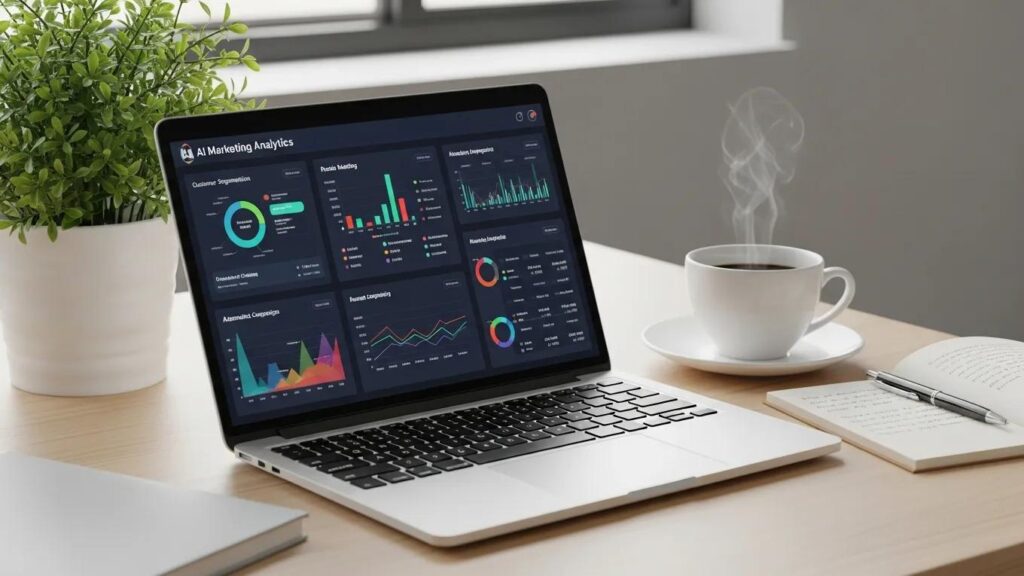 Modern workspace with AI marketing analytics on a laptop, notepad, coffee cup, and plant
