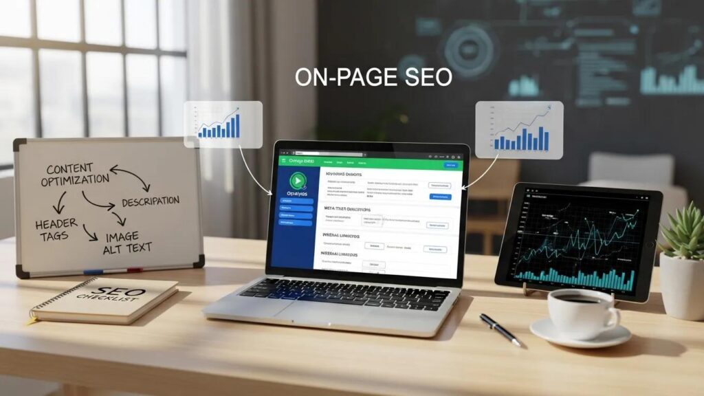 Modern workspace with laptop and SEO elements illustrating on-page SEO concepts