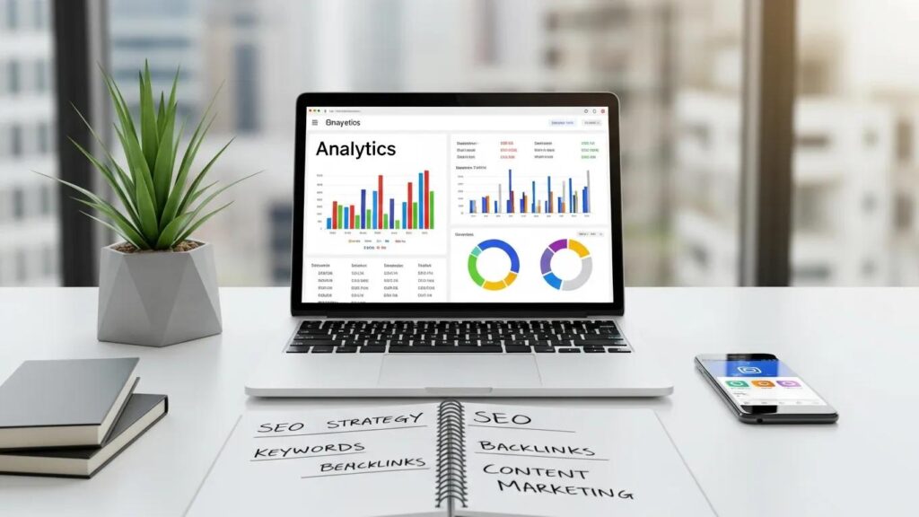 Modern workspace with laptop and SEO notes illustrating digital marketing strategies