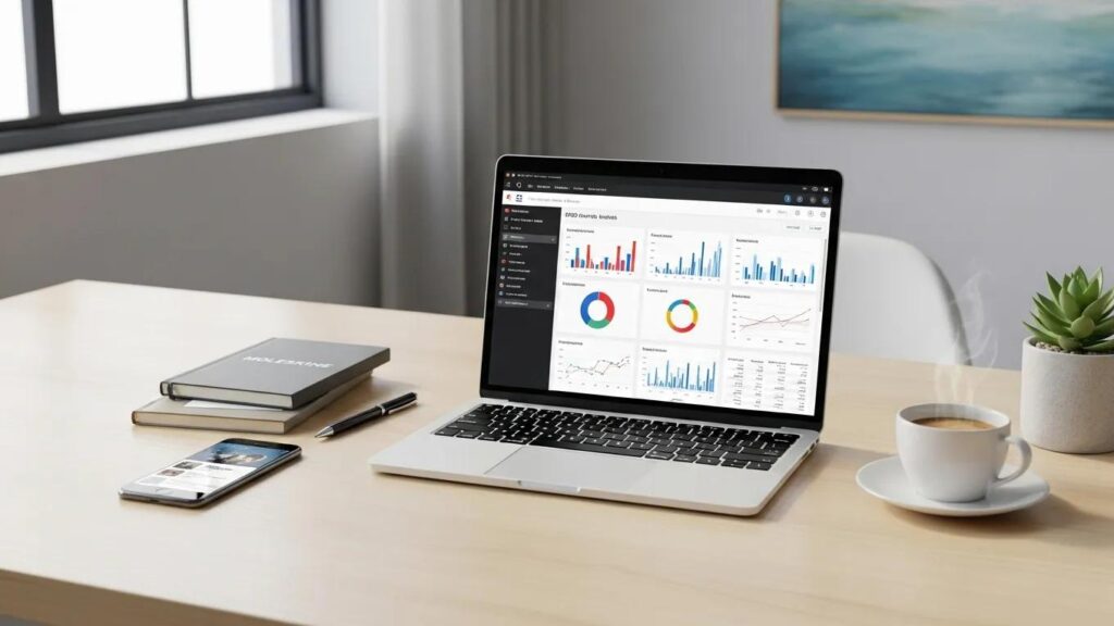 Modern workspace with laptop showing SEO analytics and marketing tools