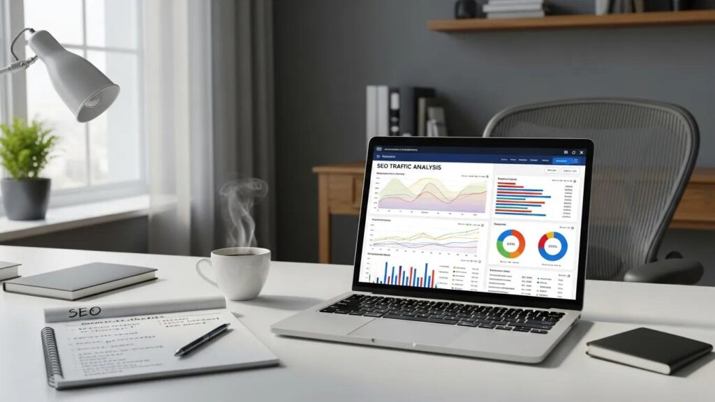 Modern workspace with laptop showing SEO analytics, enhancing understanding of traffic analysis tools