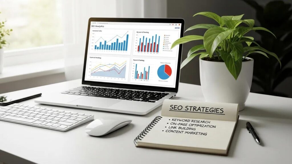 Modern workspace with laptop showing SEO analytics, notepad, and plant