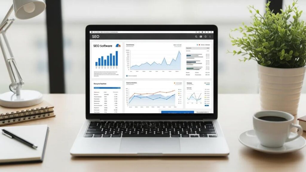 Modern workspace with laptop showing SEO software analytics and a warm atmosphere
