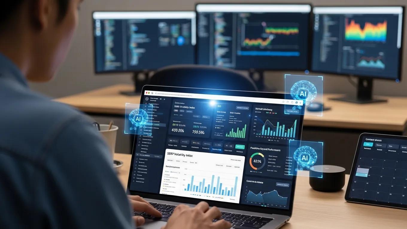 Person analyzing AI-driven marketing analytics on a laptop in a tech-savvy environment