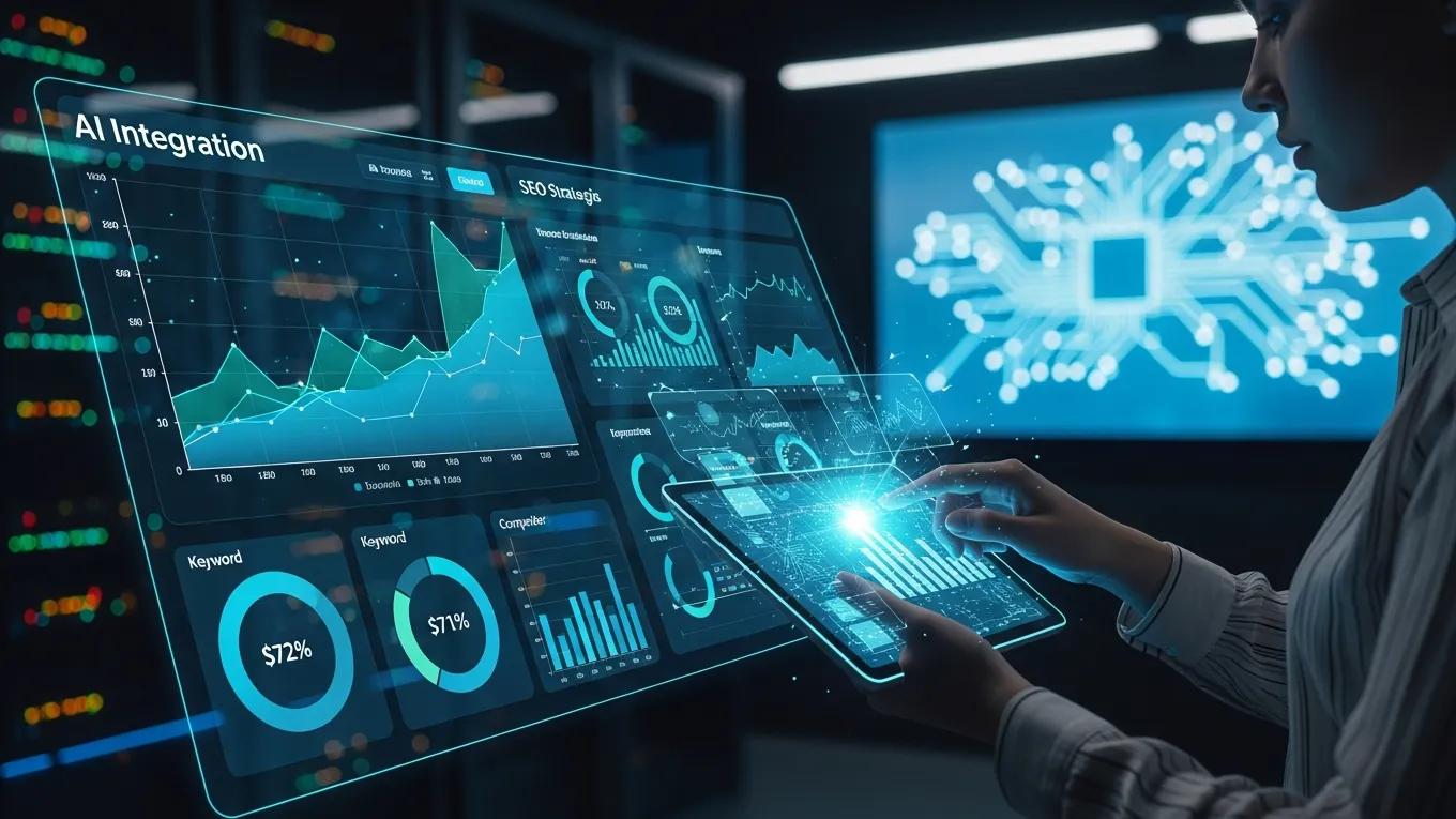 Person analyzing AI-driven SEO analytics on a tablet in a tech-savvy environment