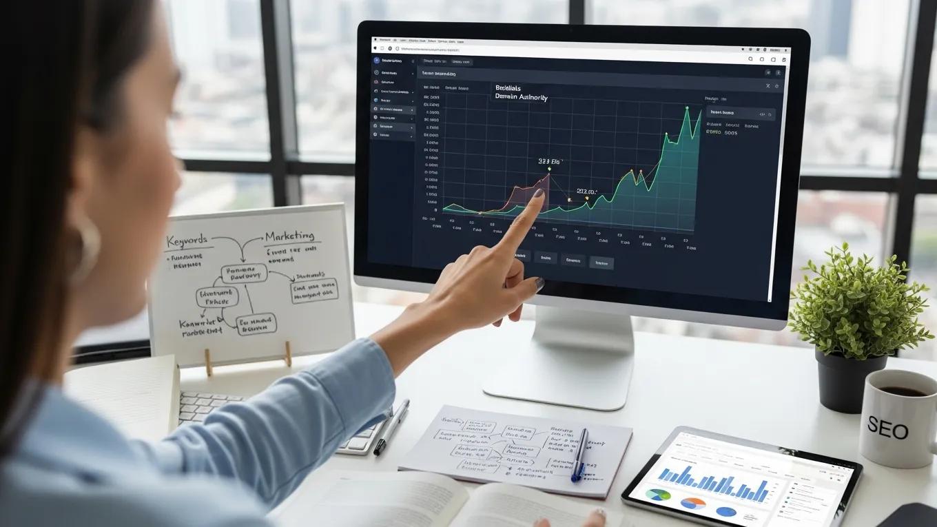 Person analyzing backlinks and domain authority metrics on a computer screen