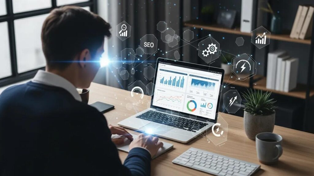 Person analyzing website data with digital SEO elements