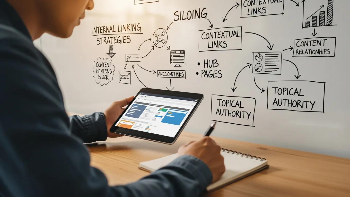 Person analyzing website on tablet with notes, illustrating best practices for internal linking