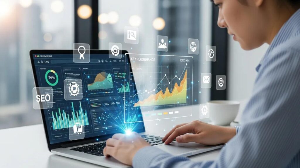 Person analyzing website performance with SEO tools and graphs