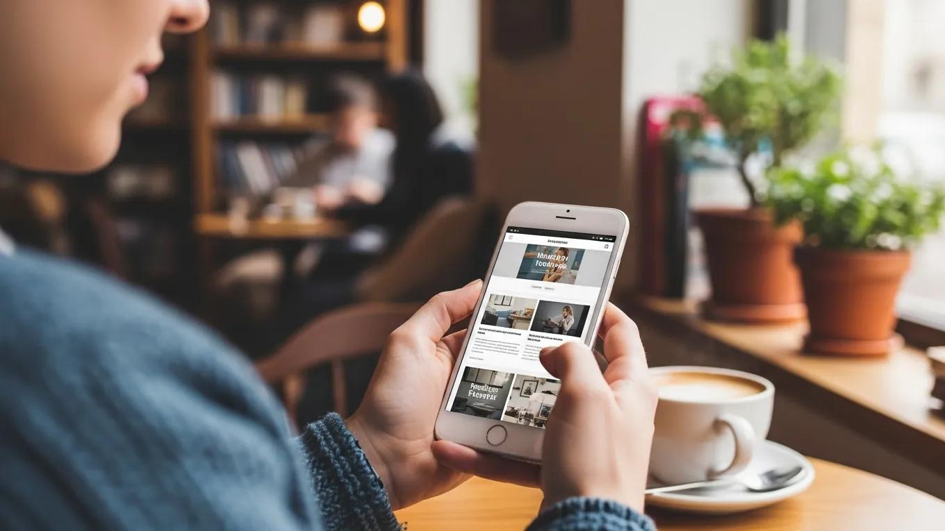 Person browsing a mobile-optimized website on a smartphone in a café