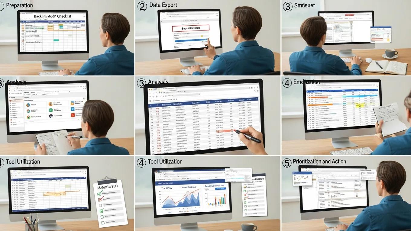 Person conducting a backlink audit with tools and checklist on a desk